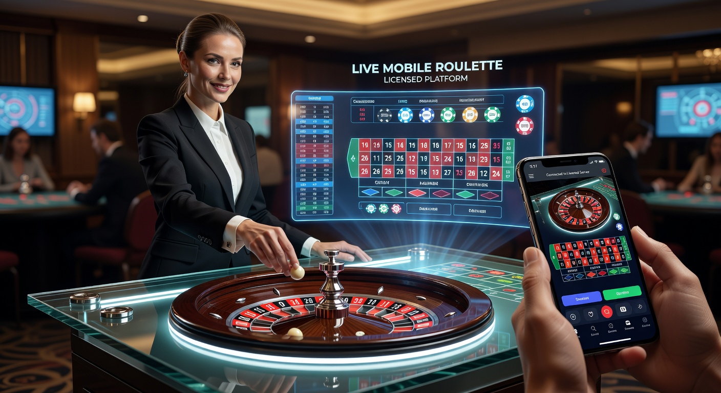 Live dealer bij een roulette tafel met mobiele schermen op de achtergrond, waar technologie en traditioneel spel samenkomen