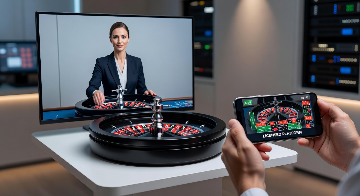 Mobiele telefoon met live roulette stream, dealer gooit de bal, met tech overlays voor bets en stats