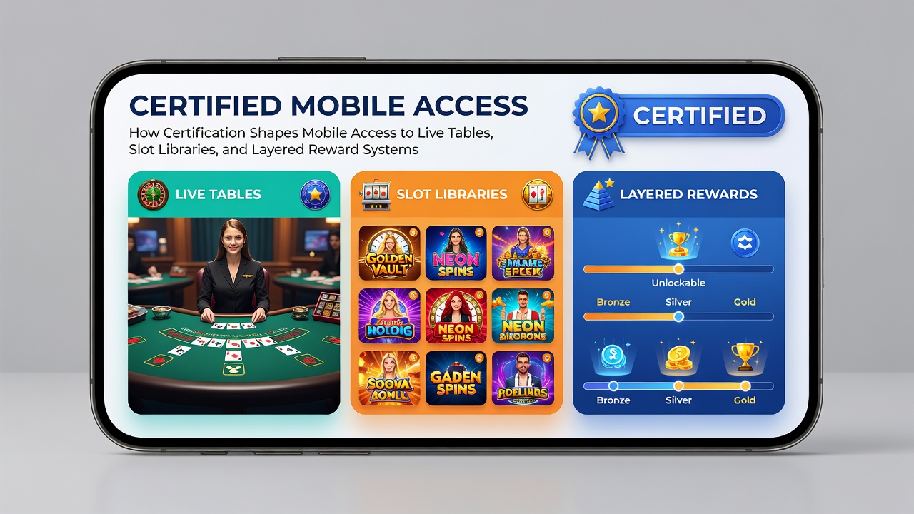 Weergave van een gelaagd beloningssysteem op een mobiel scherm met slot- en live game opties