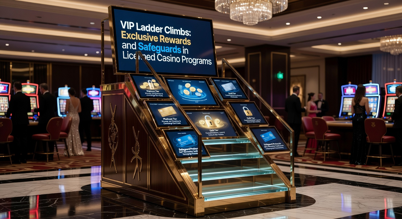 Grafische weergave van een VIP-ladder in een online casino, met treden die leiden naar exclusieve beloningen zoals bonussen en persoonlijke managers