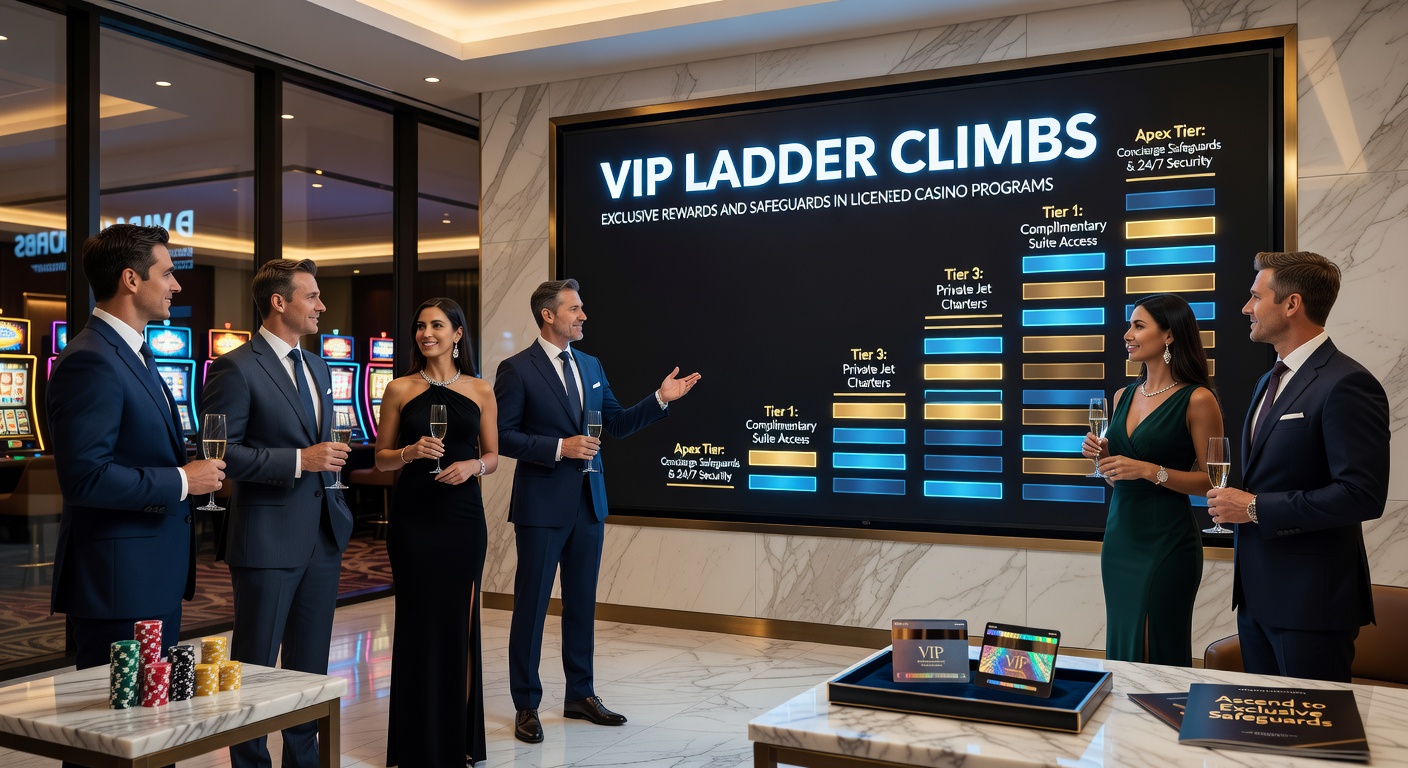Voorbeeld van een VIP-dashboard met ladderprogressie, bonussen en veiligheidsindicatoren in een gelicenseerd online casino